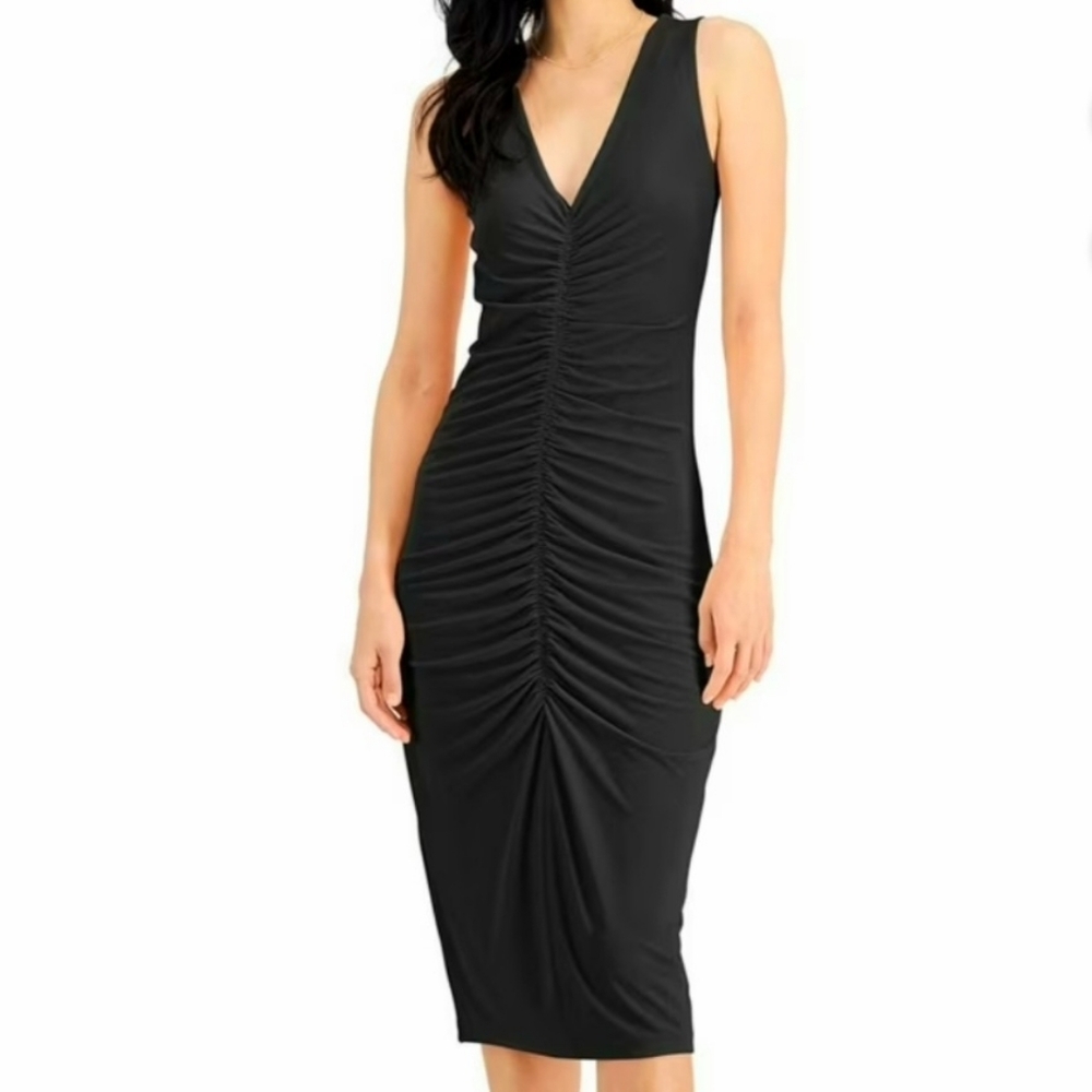 INC Womens Ruched Lined Sleeveless V Neck Midi Cocktail Body Con XL